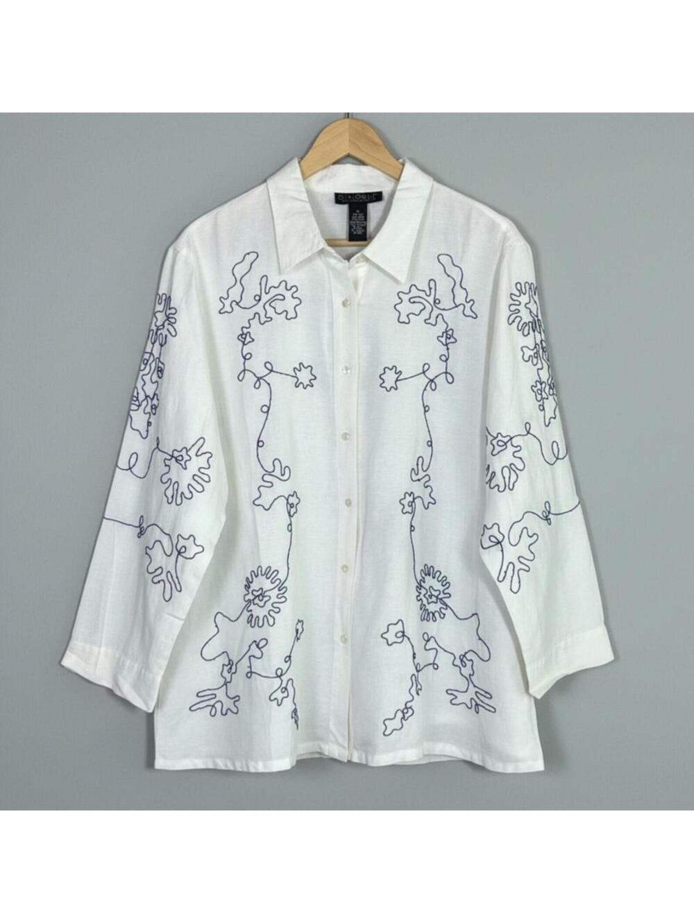 Dialogue Cream Shabby Chic Embroidered Linen Rayon Button Up Shirt 1X Boho